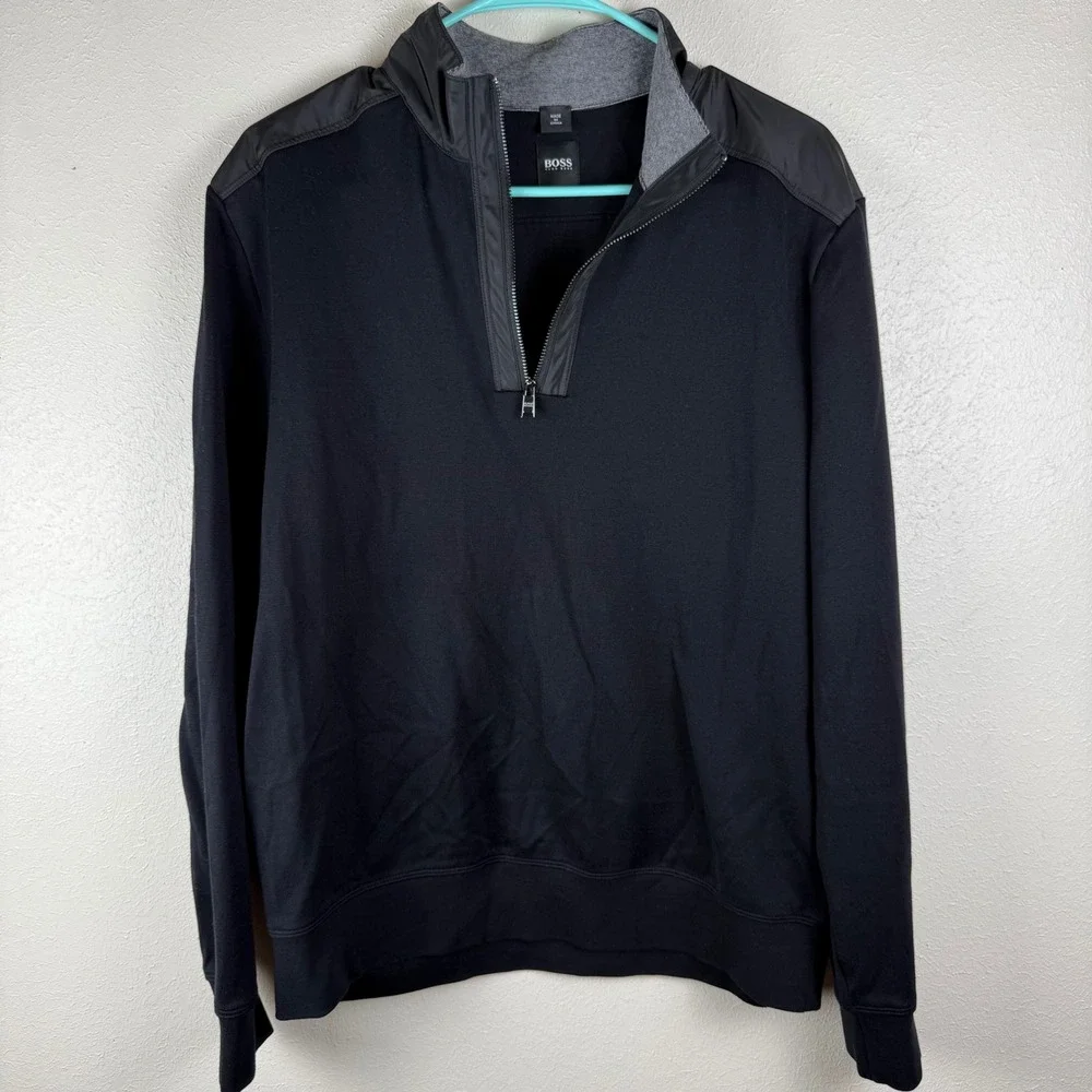 Hugo Boss Mens Black Quarter Zip Pullover Cotton Blend Shoulder Overlay Size L